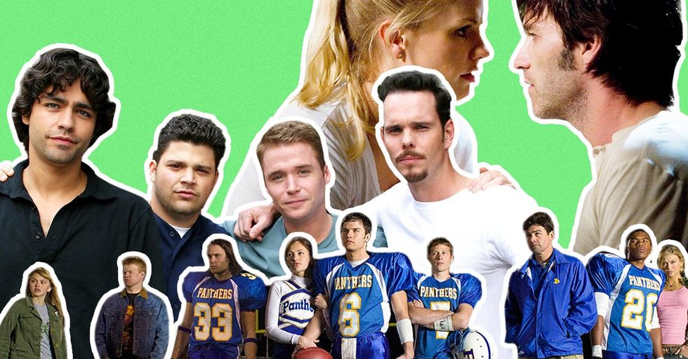 A collage featuring images from the TV shows ''True Blood,' and 'Curb Your Enthusiasm' against a blue background.