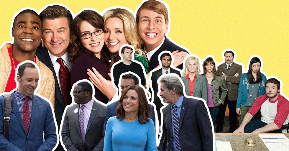 A collage featuring images from the TV shows 'Veep,' '30 Rock,' and 'Parks and Recreation' against a yellow background.