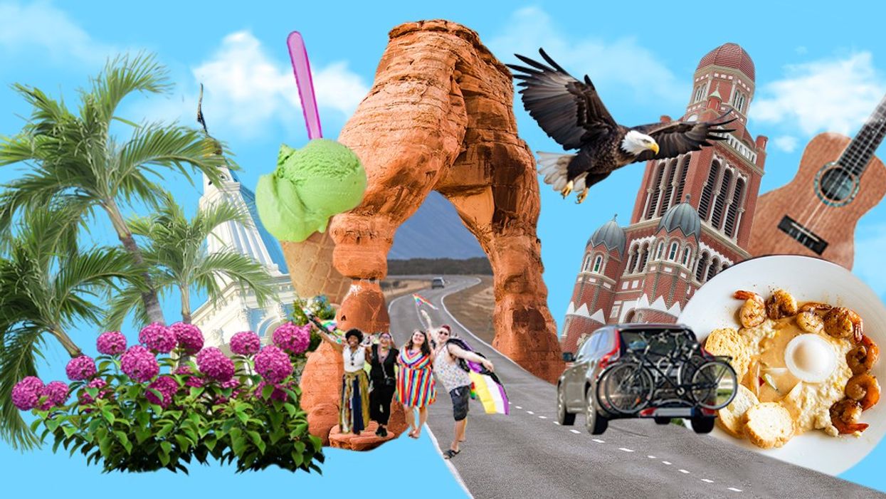A collage of iconic United States of America images including a palm tree, guitar, natural sandstone arch.