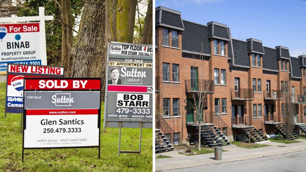 A collection of real estate signs. Right: Houses in Montreal.