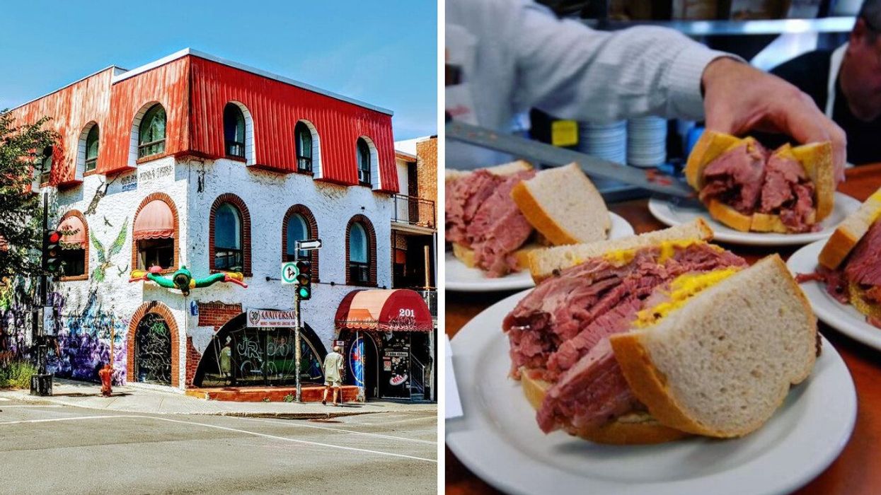 A colourful building in a city in Canada. Right: A smoked meat sandwhich.