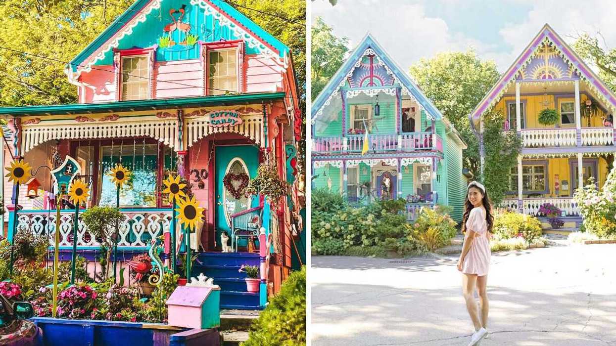 A colourful cottage. Right: A person standing by colourful homes.
