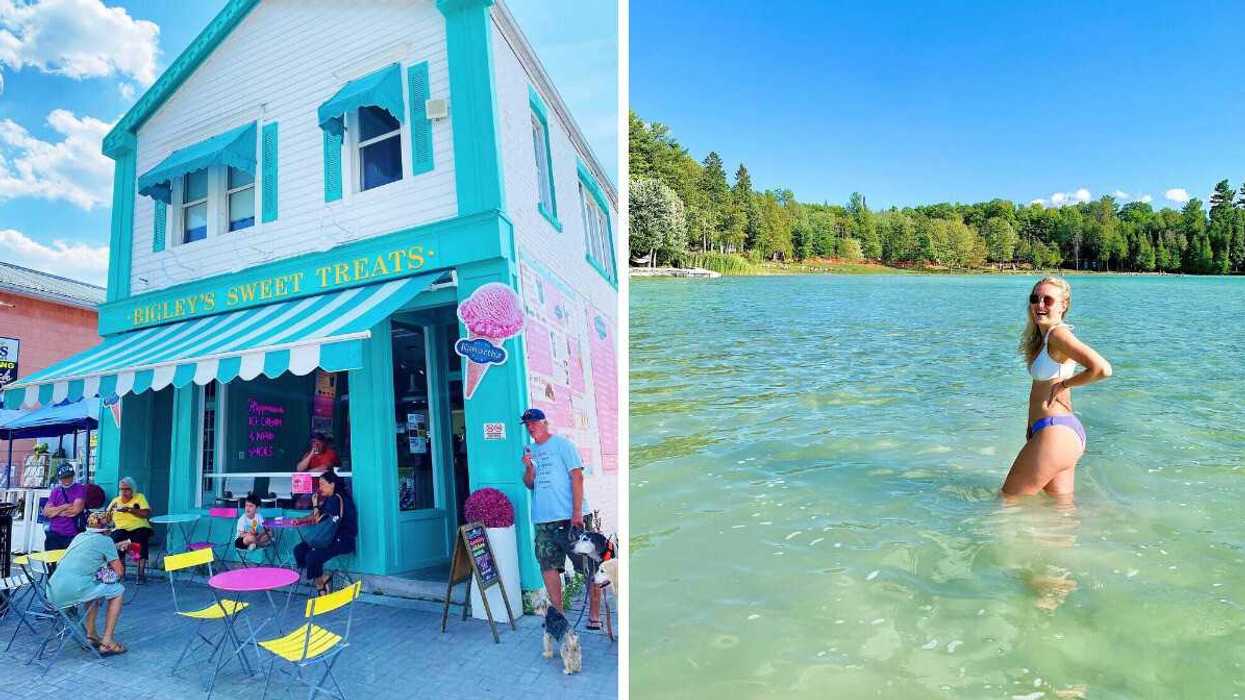 A colourful ice cream shop. Right: A person swimming in blue water.
