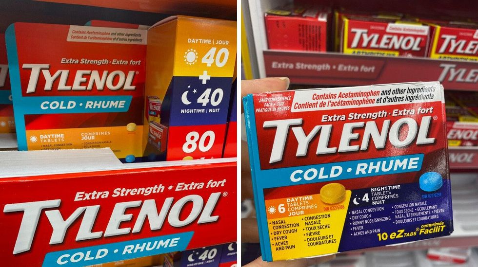 A colourful package of Tylenol medication on a store shelf. Right: A hand holding a colourful pack of cold medication.