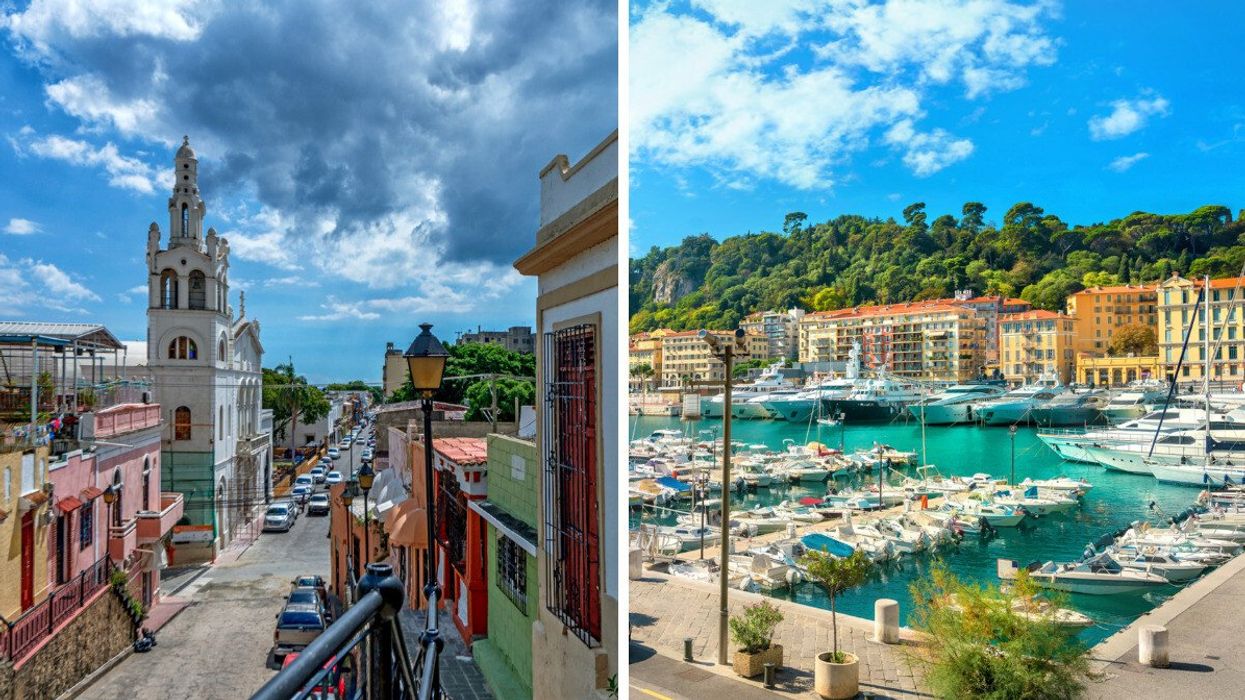 A colourful street in a historic district of the Dominican Republic. Right: A picturesque marina in Nice, France, filled with yachts, surrounded by pastel-coloured buildings.