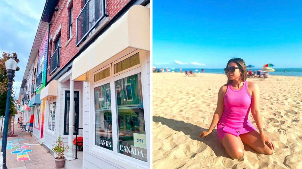 A colourful street. Right: A person sitting on a sandy beach.