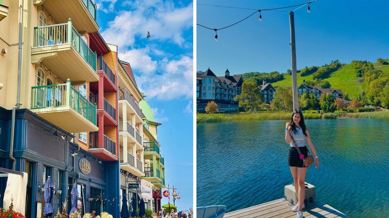 A colourful street. Right: A person standing by a lake.