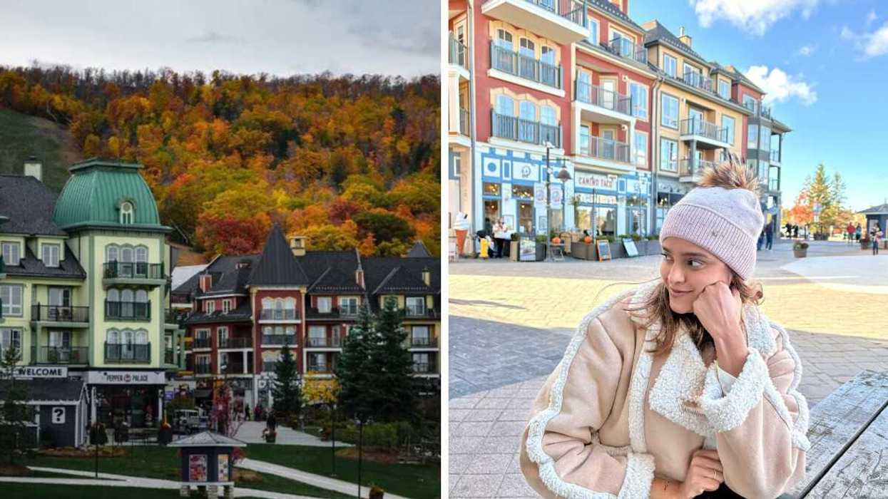 A colourful village with fall foliage. Right: A person sitting in a village.