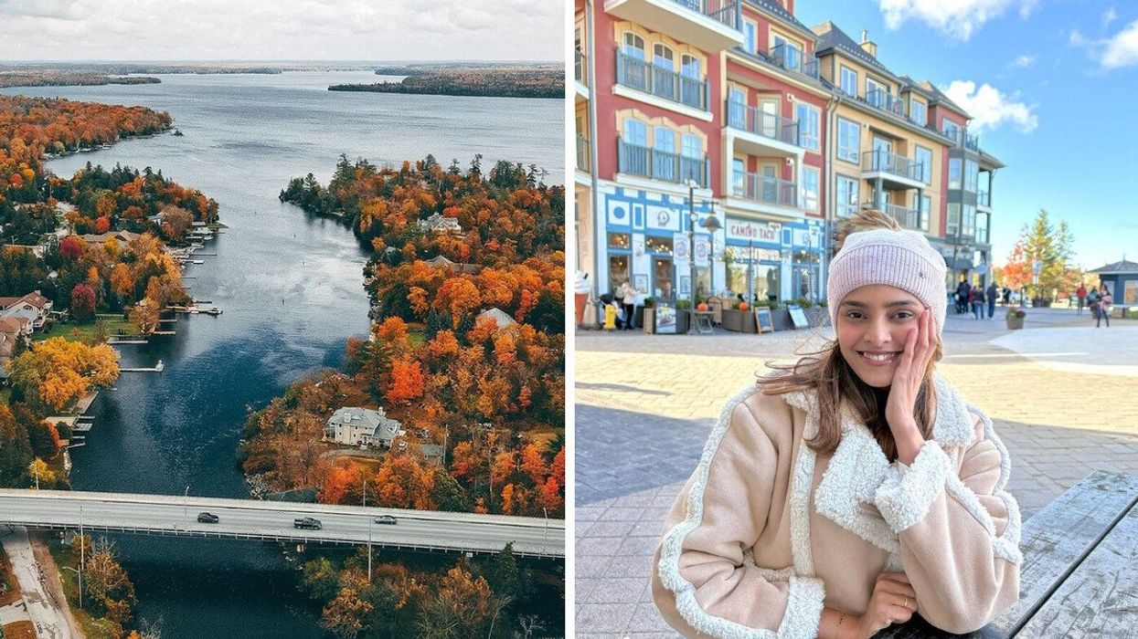 A community surrounded by fall colours. Right: A person sitting outside in a town.
