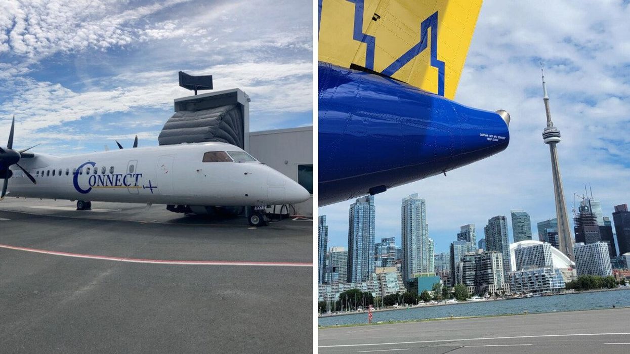 A Connect Airlines aircraft on the tarmac. Right: A Connect Airlines plane parked at Billy Bishop Airport (YTZ).
