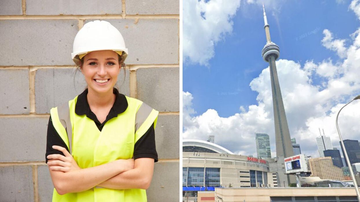 A construction worker. Right: The CN Tower in Toronto