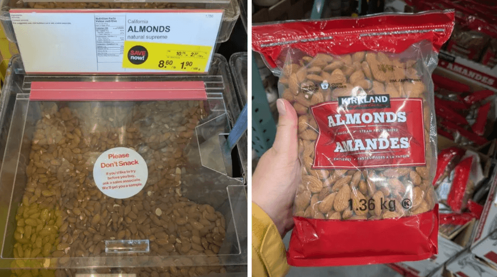 A container of almonds. Right: Almonds in a bad.
