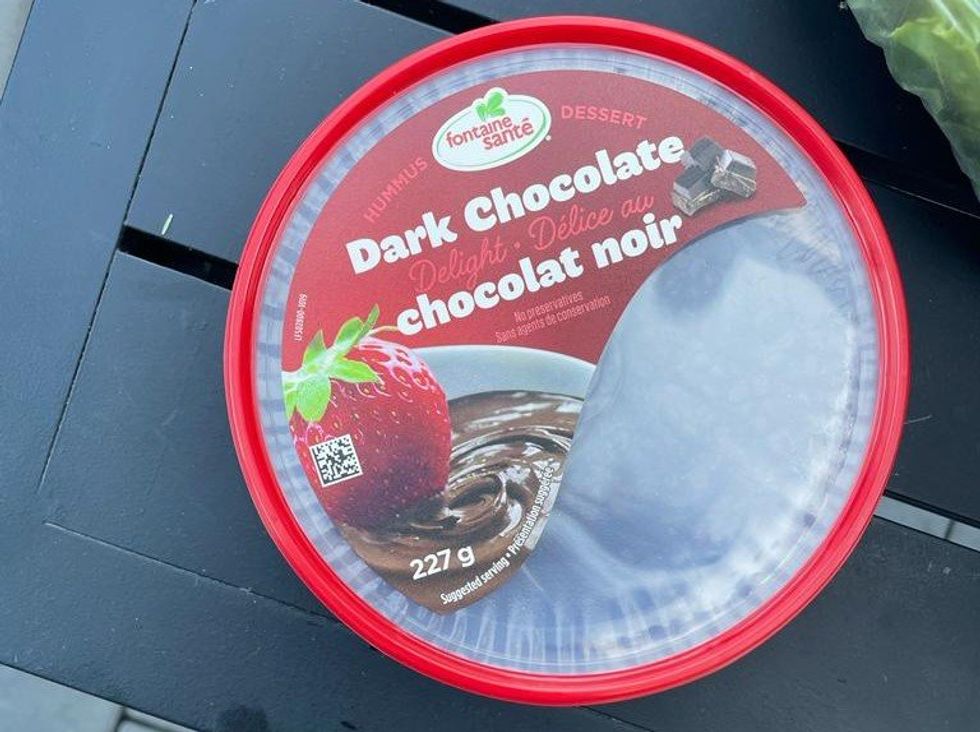 A container of dark chocolate "hummus dessert."