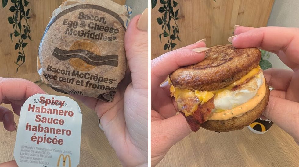 A container of McDonald's Spicy Habanero dipping sauce and a wrapped Bacon, Egg & Cheese McGriddles. Right: Two hands holding an unwrapped breakfast sandwich.. 