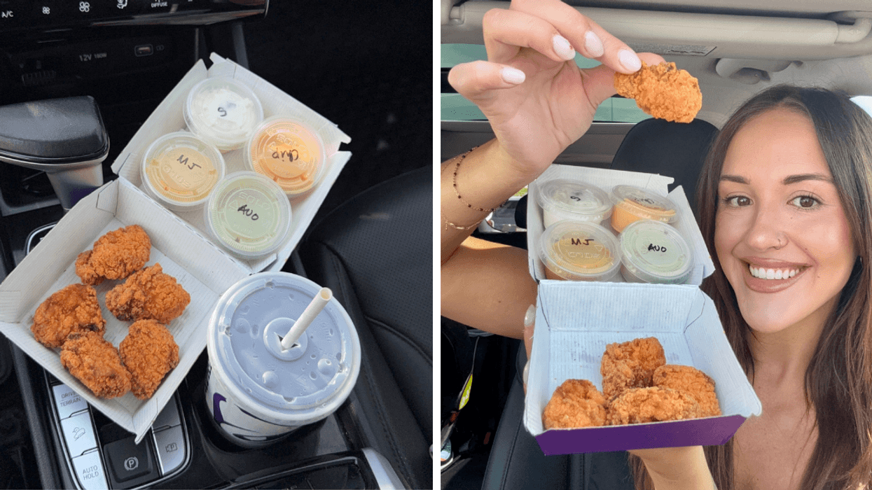 A container of nuggets and a soda cup sitting on the centre console of a car. Right: Shay holds up a container of Taco Bell nuggets.
