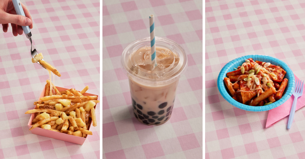 A container of poutine. Centre: A cup of boba tea. Right: A bowl of tteokbokki. 