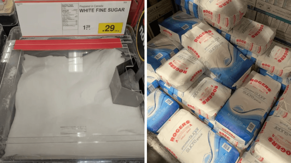 A container of sugar. Right: Packs of sugar.