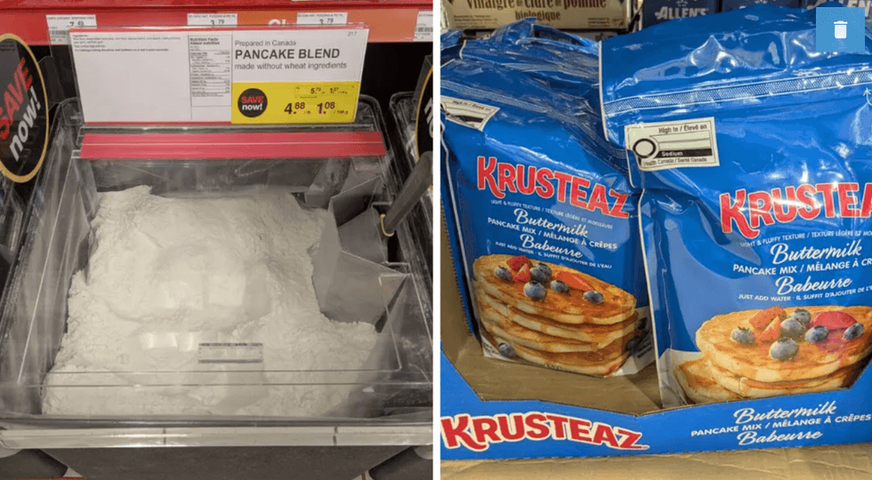 A container with pancake mix.Right: Blue packages of pancake mix.
