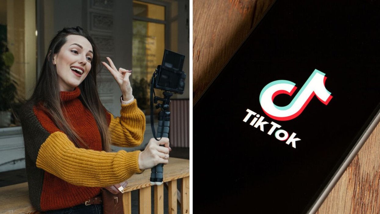 A content creator filming a TikTok video. Right: The TikTok app on an iPhone.