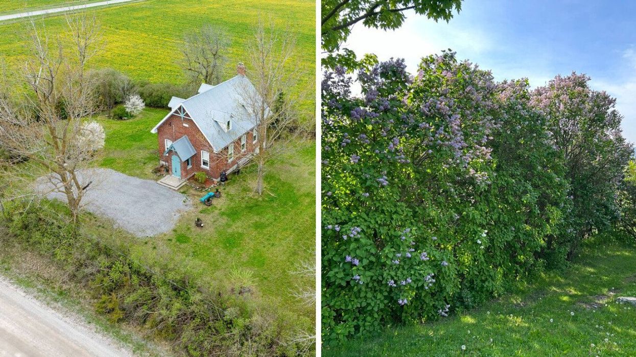 A converted schoolhouse. Right: Lilac bushes.