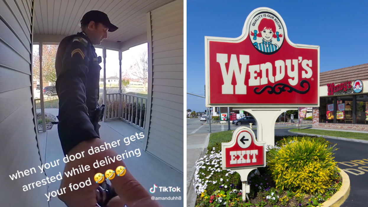 A cop delivering food. Right: A Wendy's drive-thru.