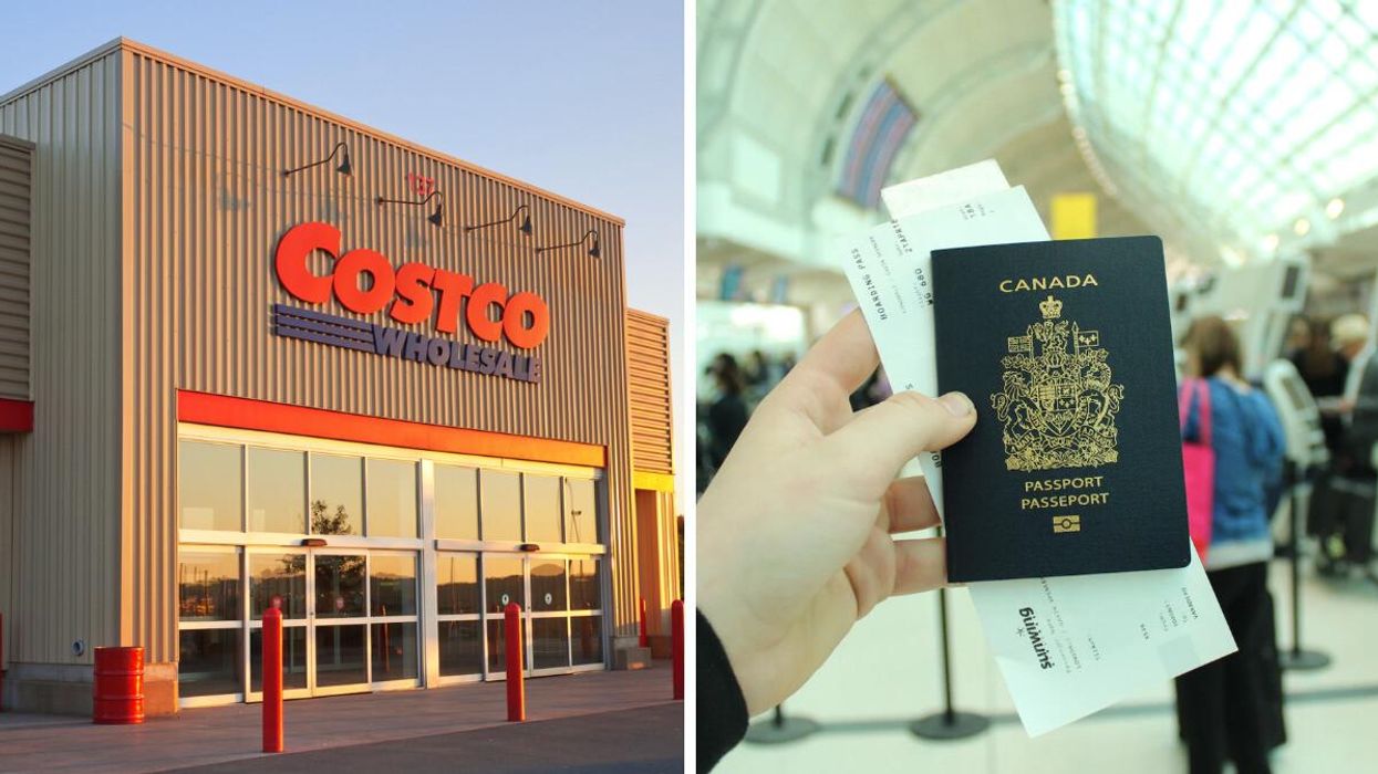 A Costco Canada location. Right: A Canadian passport.