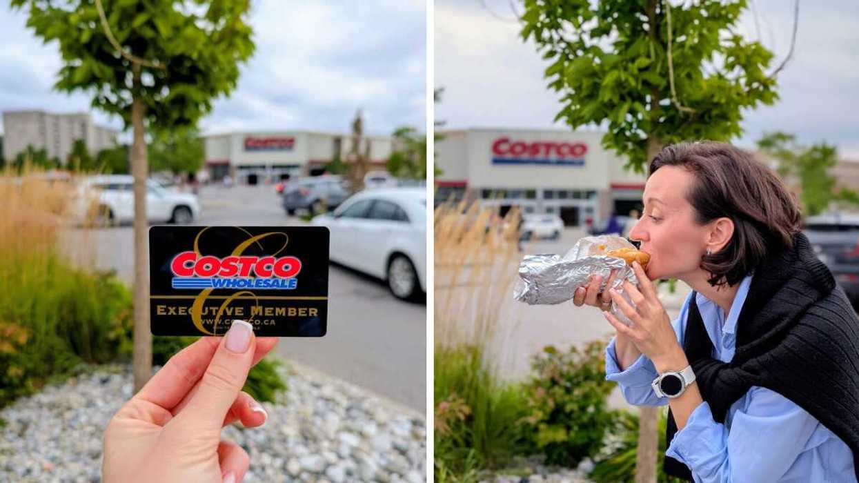 A Costco Canada membership card. Right: Alona Vasylieva trying the famous Costco hot dog in the parking lot.