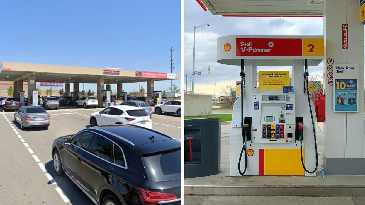 A Costco gas station. Right: A Shell gas station pump
