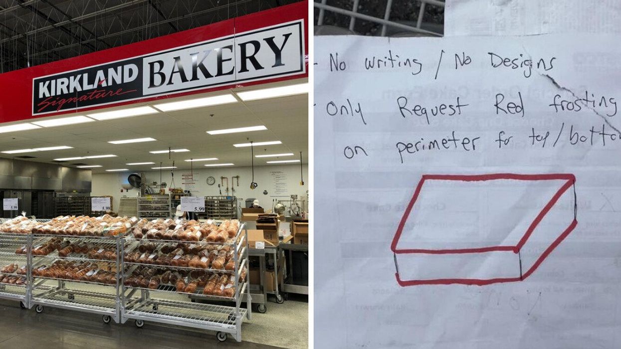 A Costco Kirkland-branded bakery. Right: A Costco cake design request that has gone viral.