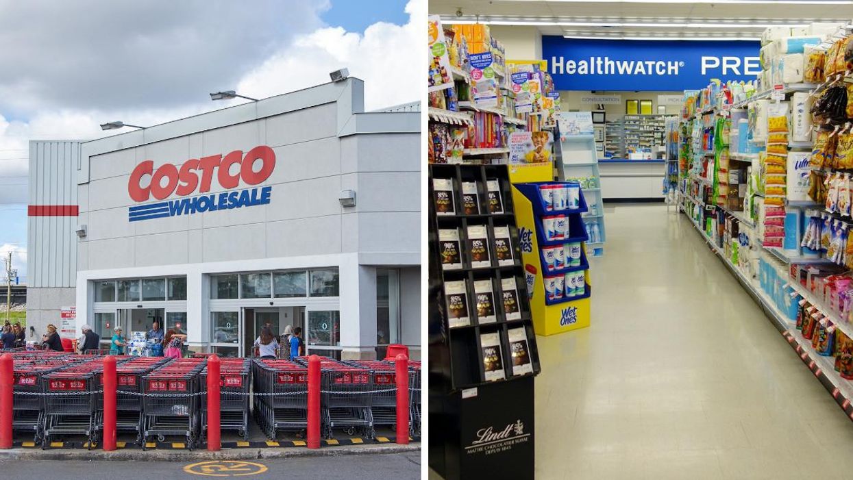 A Costco store in Canada. Right: The inside of a Shoppers Drug Mart location.