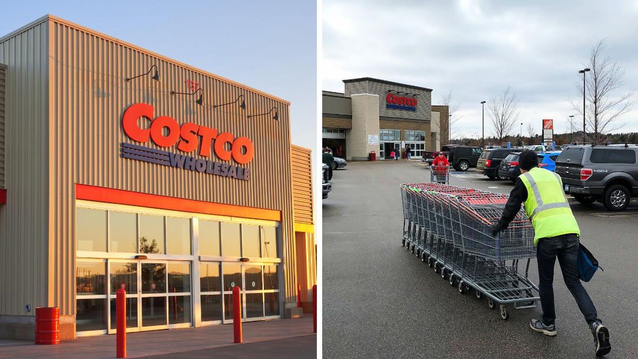A Costco store. Right: An employee pushes Costco carts towards the store.