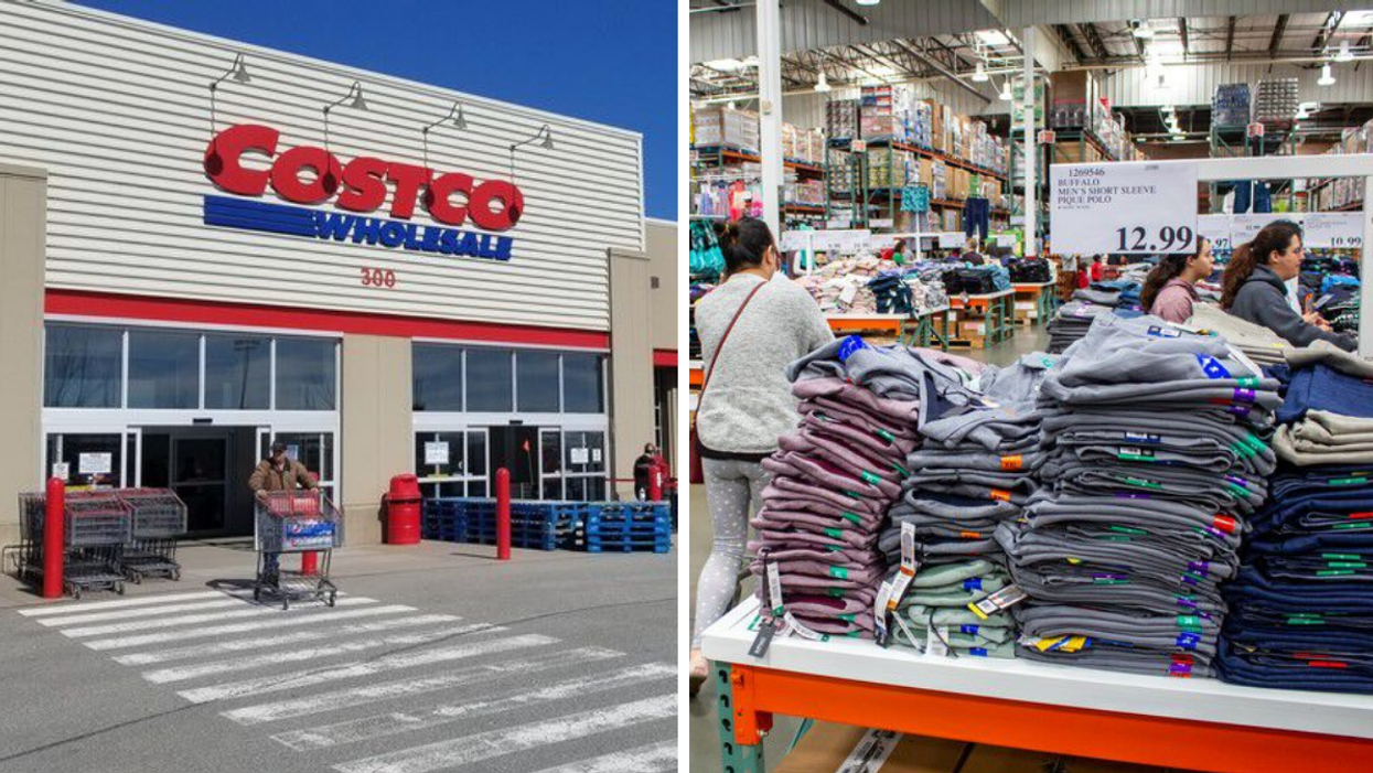 A Costco store. Right: Apparel in a Costco store.