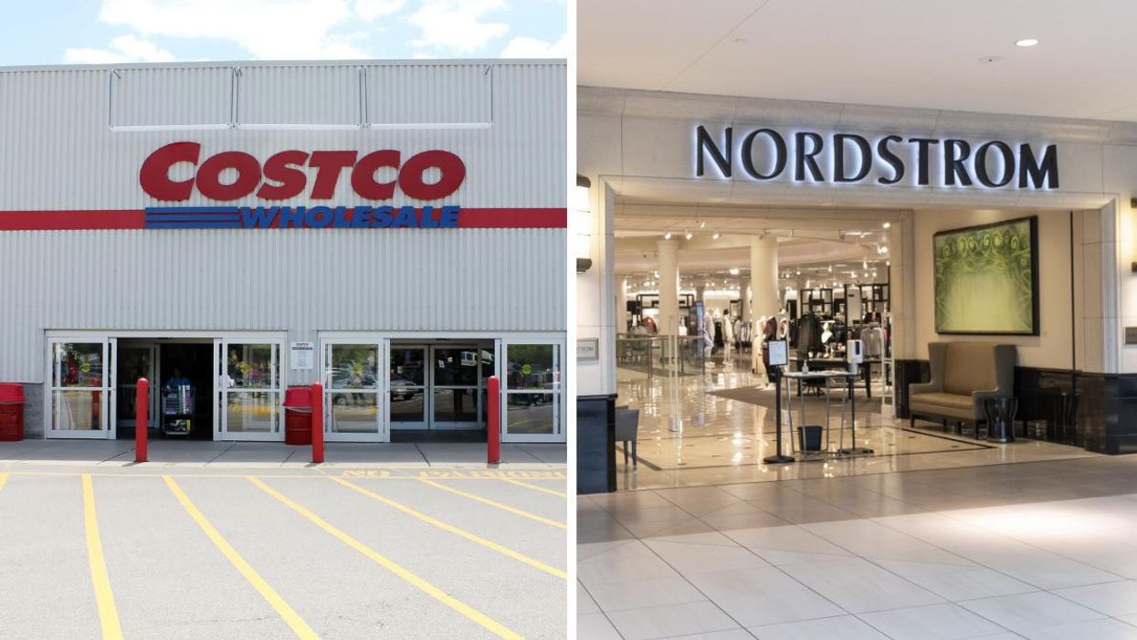 A Costco storefront. Right: A Nordstrom entrance.