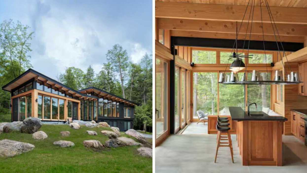 A cottage with floor-to-ceiling windows. Right: An open-concept kitchen.
