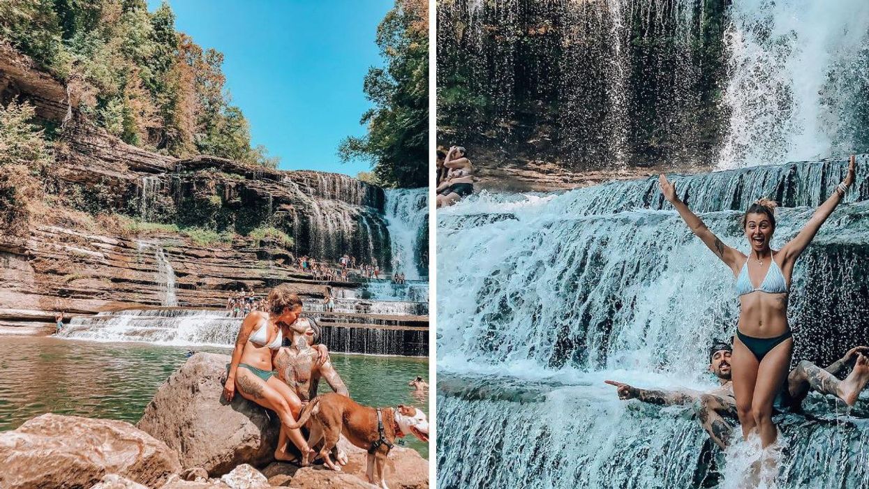 A couple and their dog at Cummins Falls State Park. Right: A woman standing in the water.
