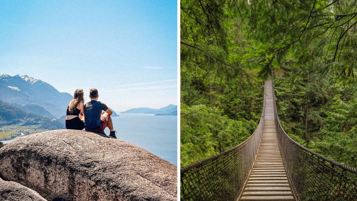 A couple at a lookout in Squamish. Right: Lynn Canyon suspension bridge in North Vancouver.