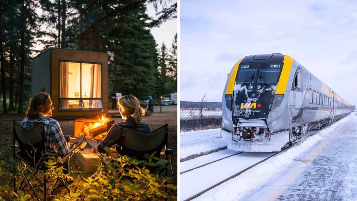 A couple at a Parks Canada MicrOcube. Right: A VIA Rail train.
