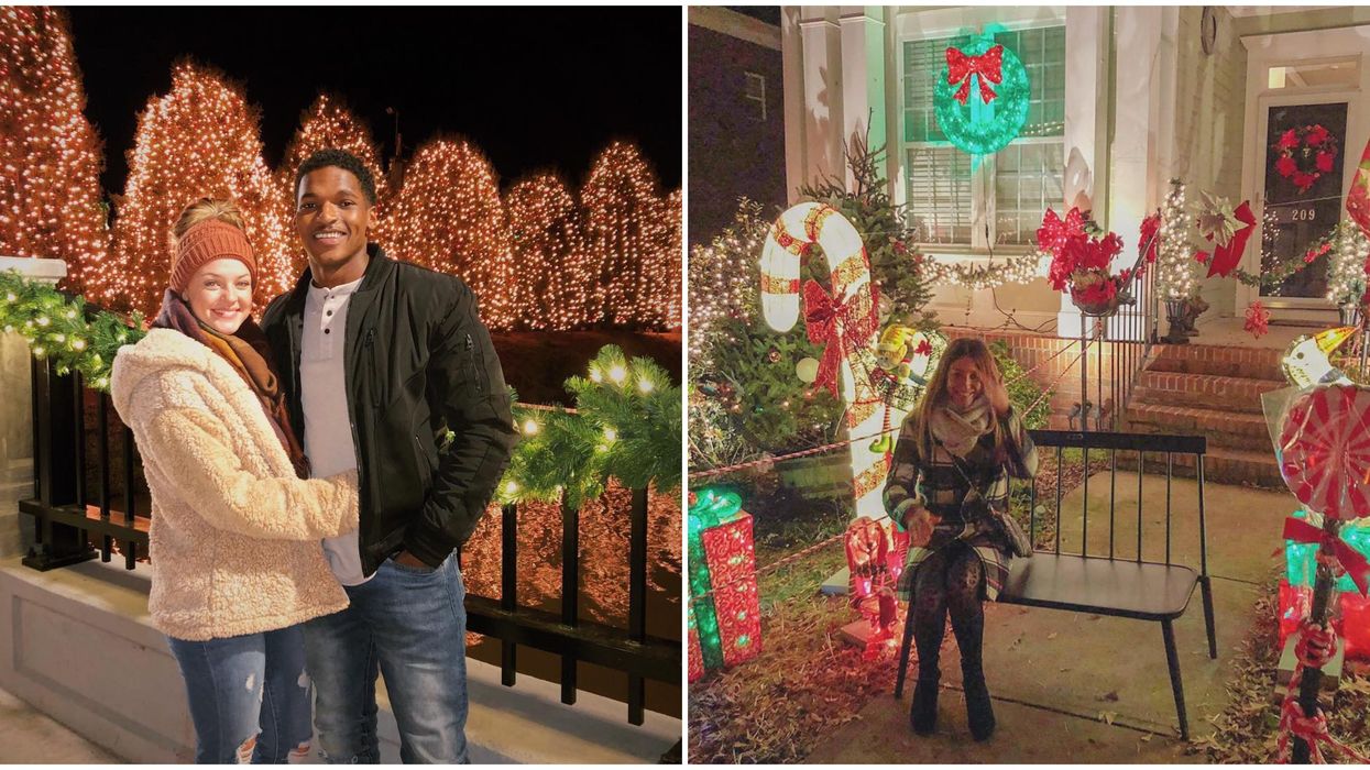 A couple at Christmas Town USA. Right: A decorated house in McAdenville, NC.