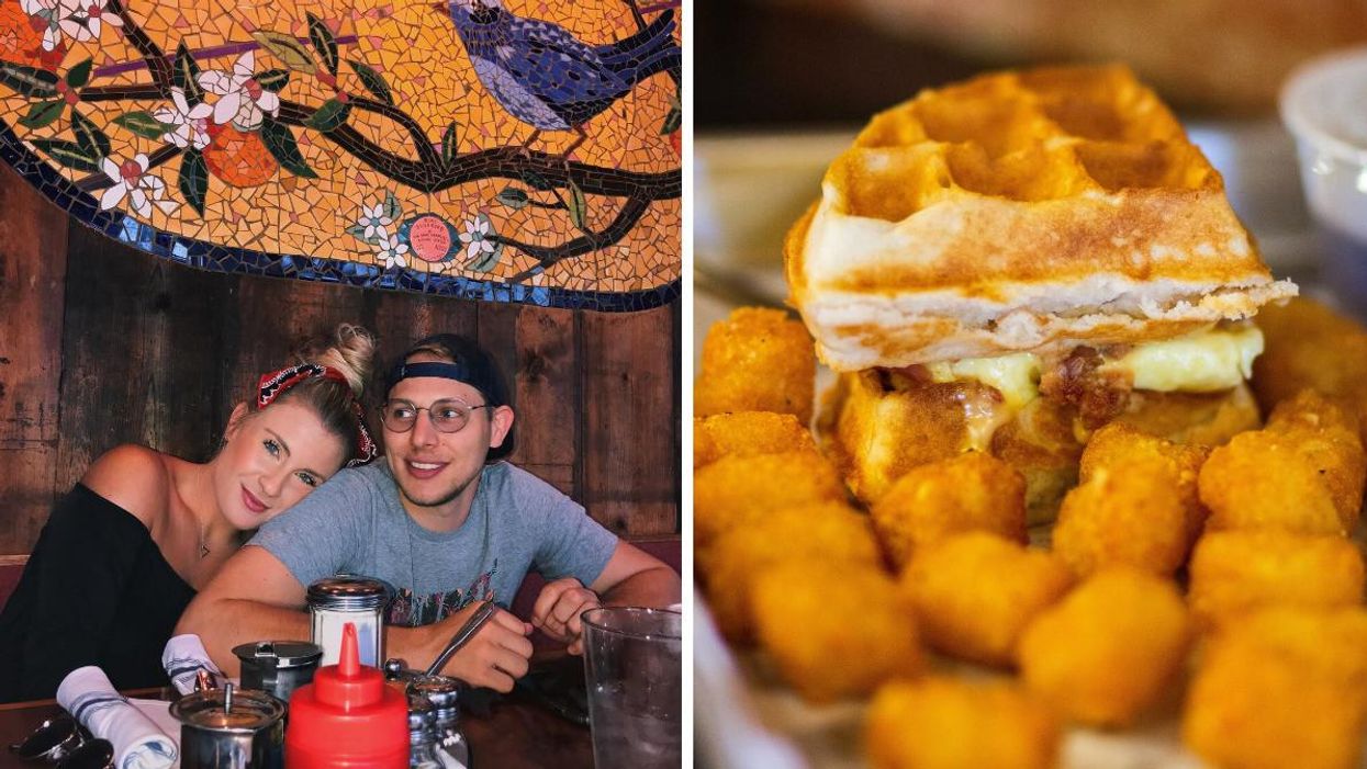 A couple at Ria’s Bluebird. Right: A plate of waffles.