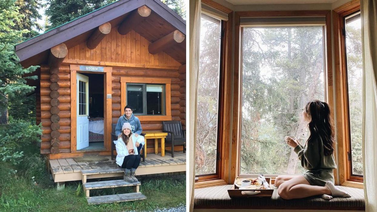 A couple at Shadow Lake Lodge in Alberta. Right: A person sitting by the window at Mount Engadine Lodge.