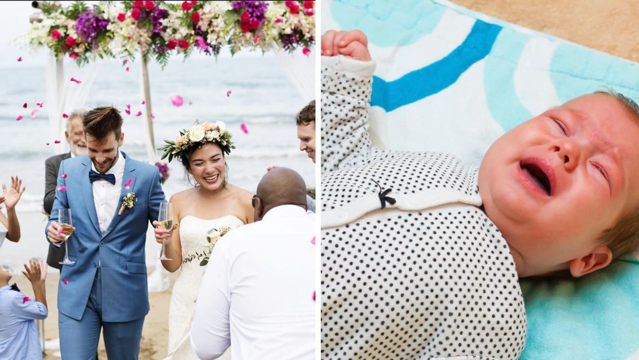 A couple at their wedding. Right: a crying baby.