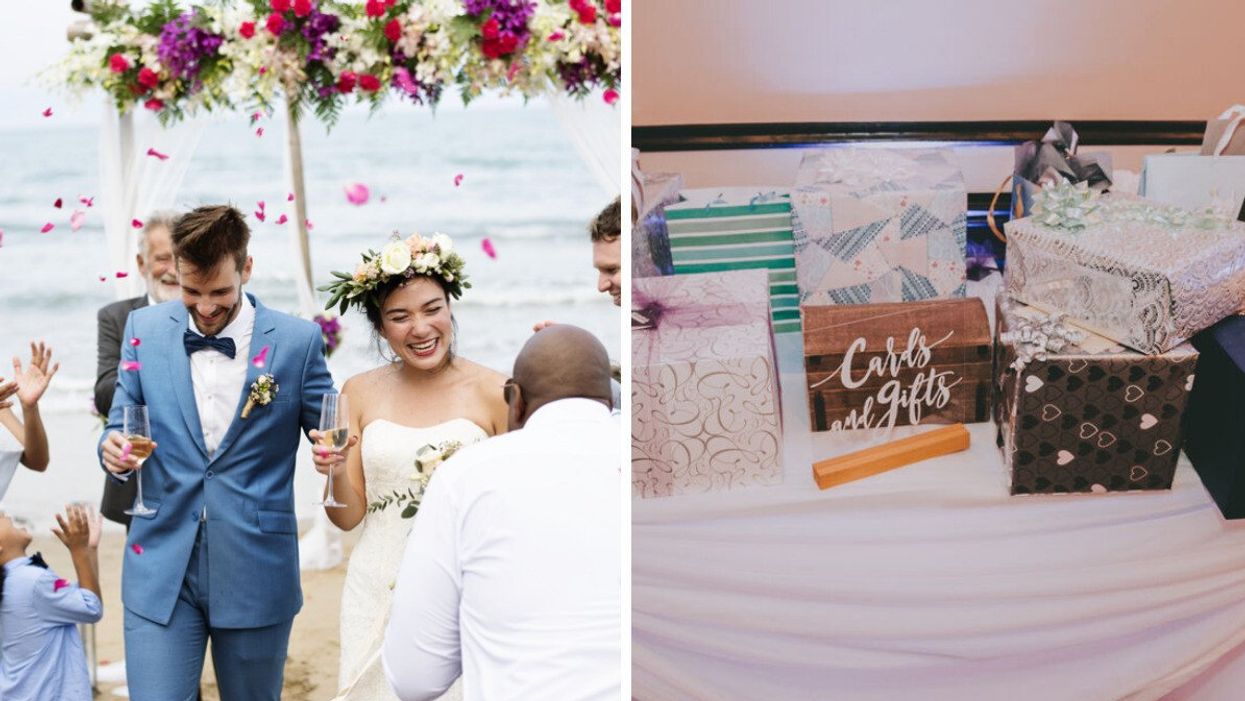 A couple at their wedding. Right: Wedding gifts.