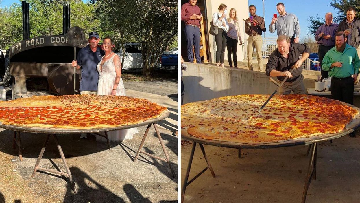 A couple behind a huge pizza. Right: A man slicing a big pizza.