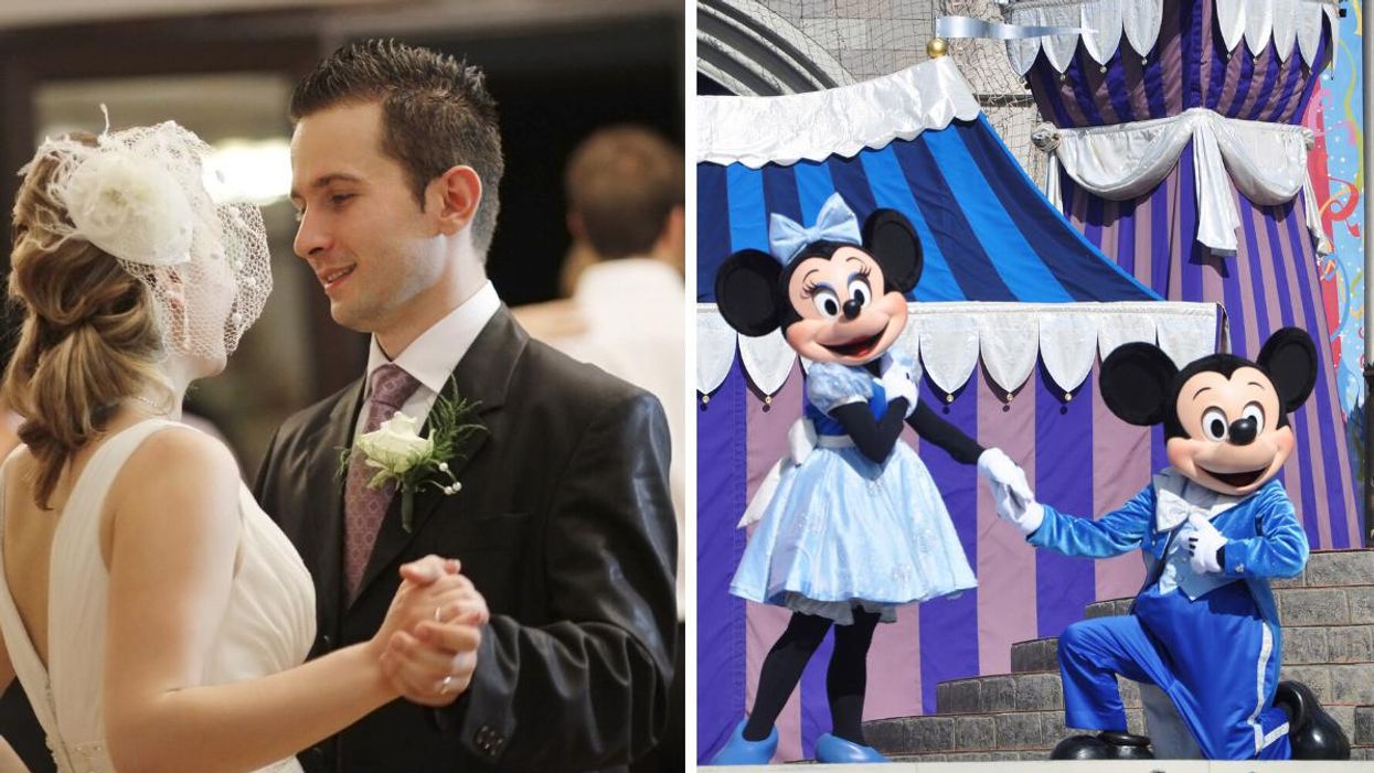 A couple dancing on their wedding day. Right: Mickey Mouse and Minnie Mouse in Disney.