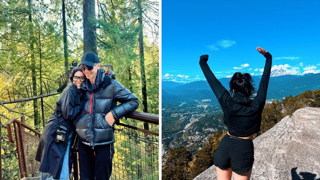 A couple dressed in warm clothing hugging at Capilano Suspension Bridge Park in Vancouver, surrounded by lush greenery. Right: A woman in athletic gear standing on a rocky viewpoint at the top of The Chief in Squamish, raising her arms with a panoramic mountain view behind her.