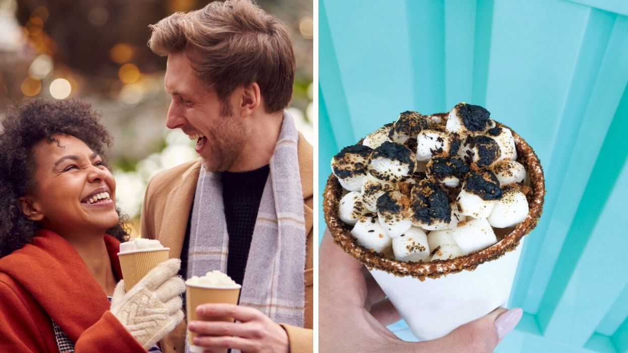 A couple drinking hot chocolate. Right: Hot chocolate with marshmallows.