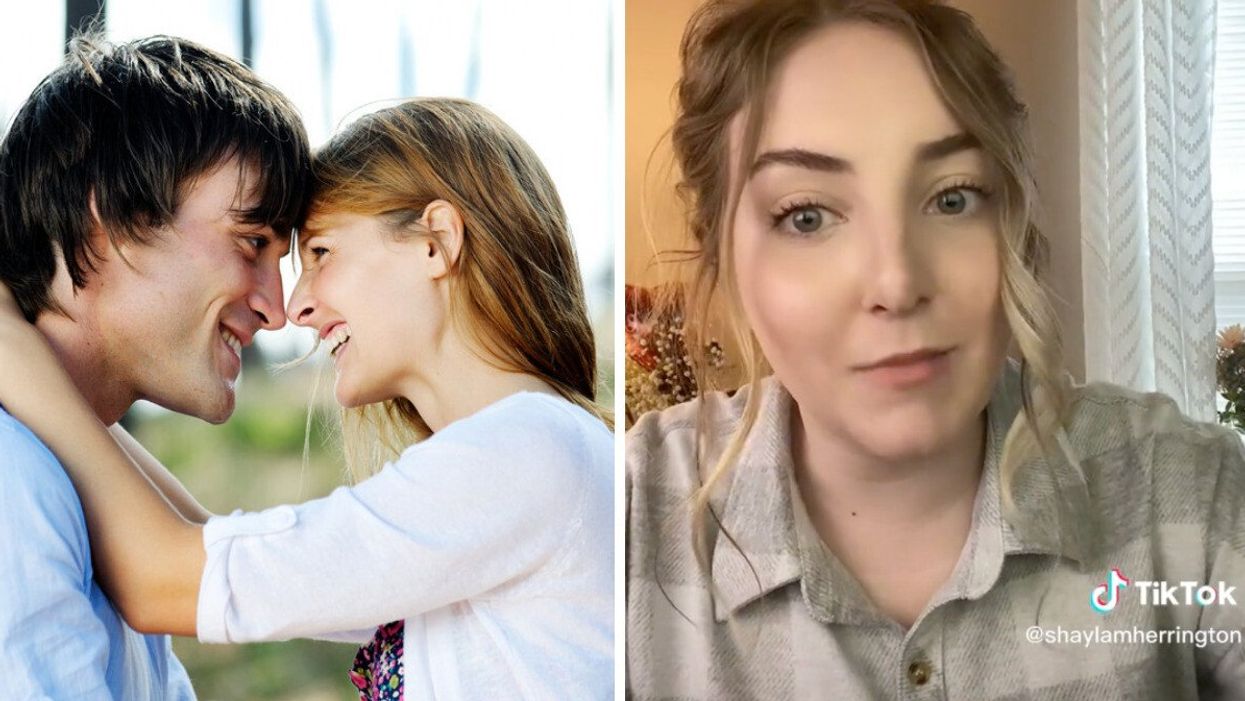 A couple during their engagement photoshoot. Right: A wedding photographer explains the signs a couple won't make it in a video.