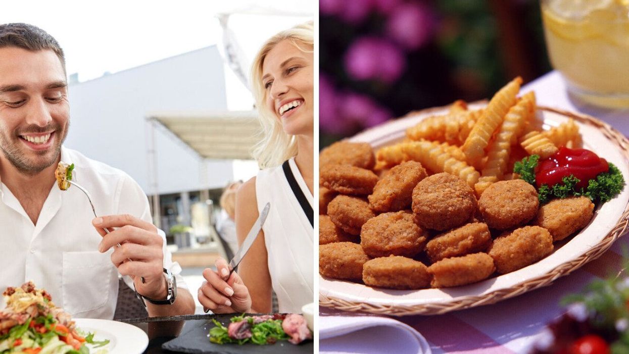 A couple eating at a restaurant. Right: A plate of chicken nuggets and fries.