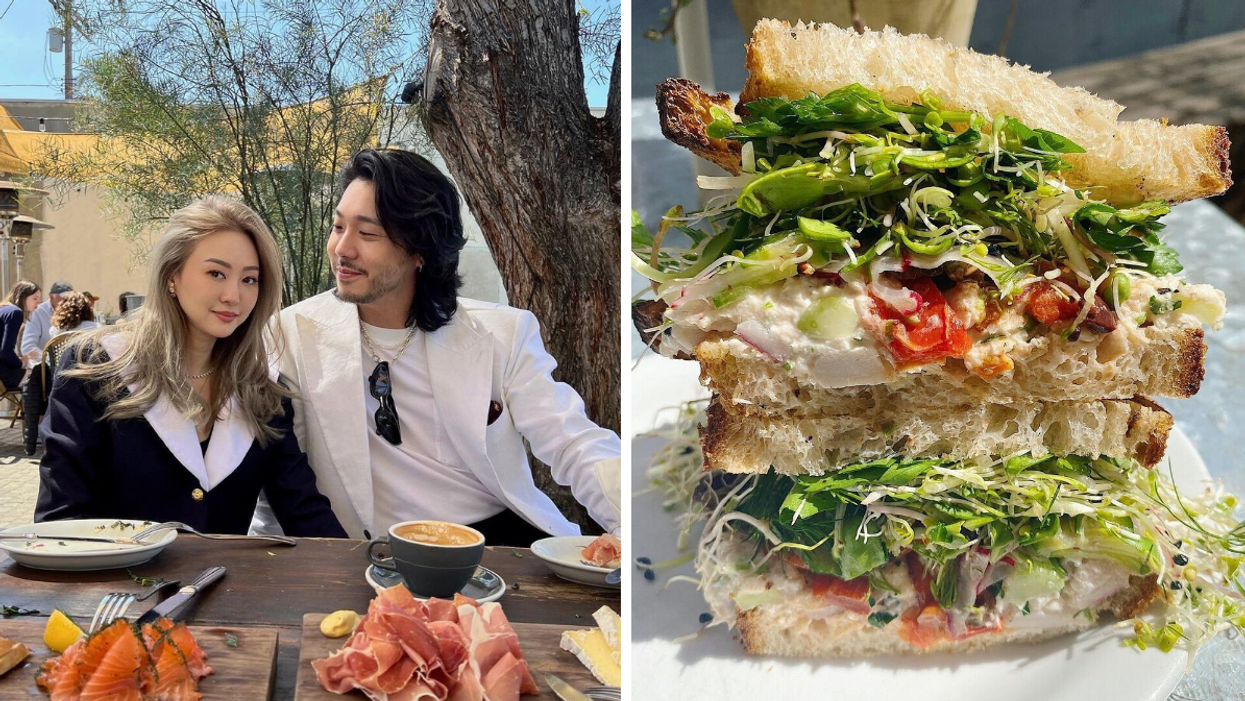 A couple enjoying the Gjusta patio. Right: A sandwich at Gjusta.