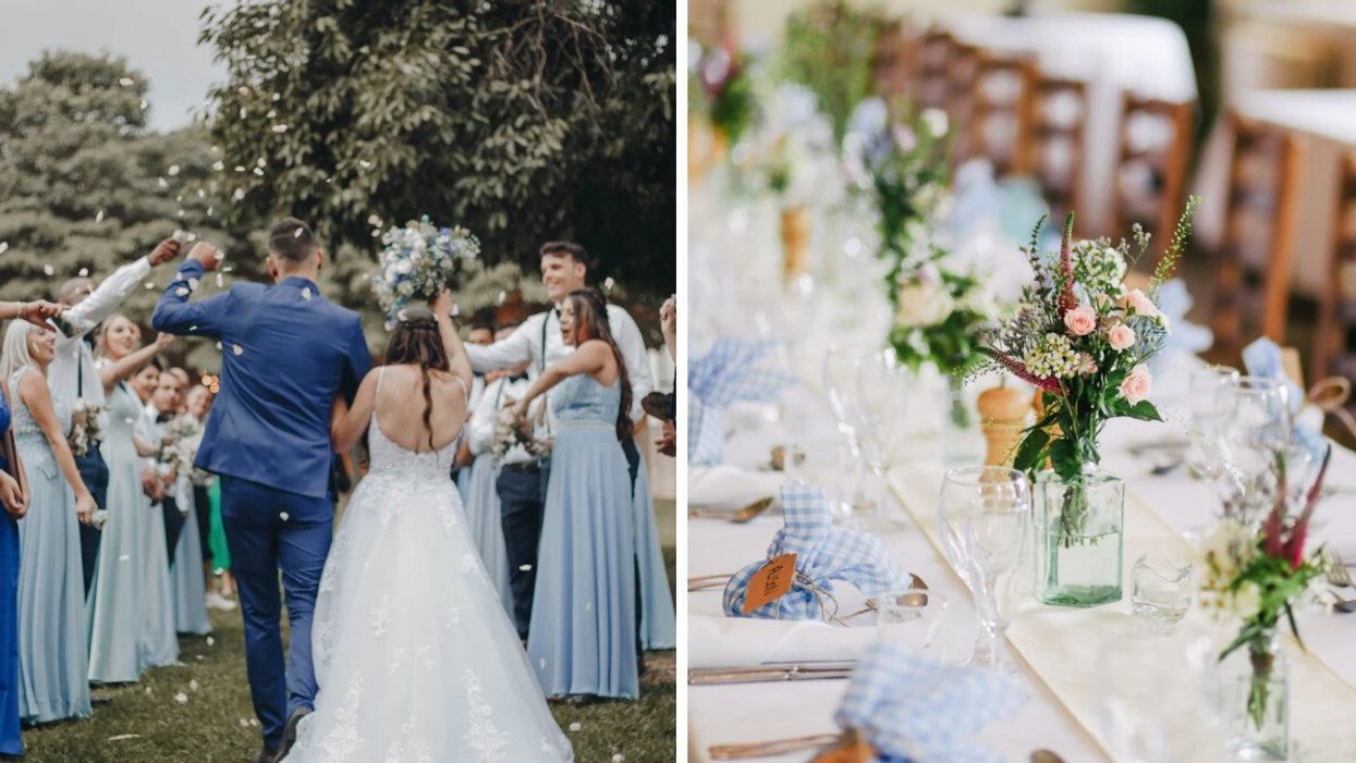 A couple get married. Right: A table set for a wedding.